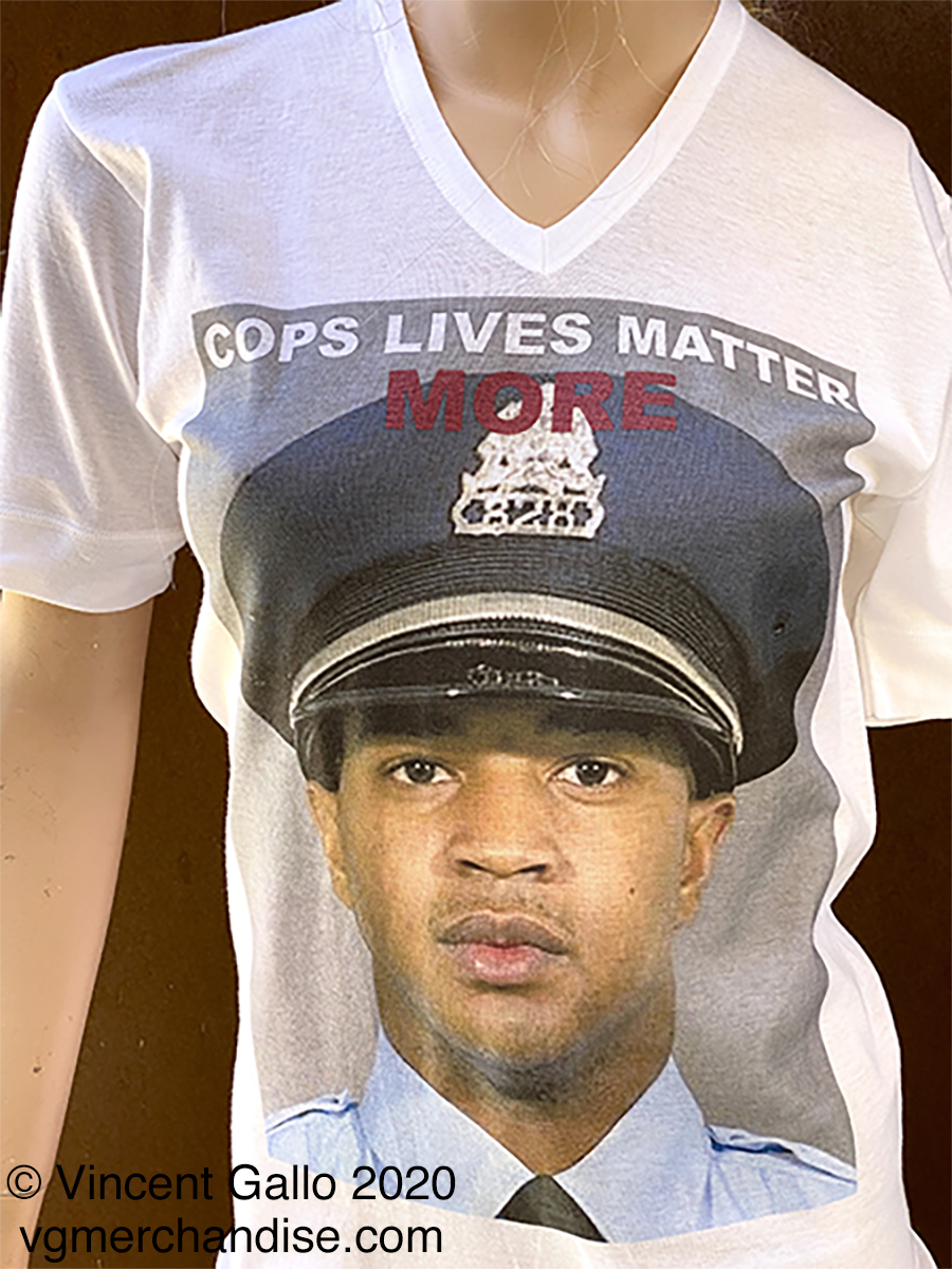 23. ?COPS LIVES MATTER MORE?  Vincent Gallo 2020 (modeled print detail)
